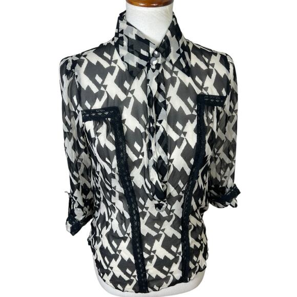 Diane Von Furstenberg Silk Houndstooth Blouse with Lace Detail Size 8 - Picture 1 of 8